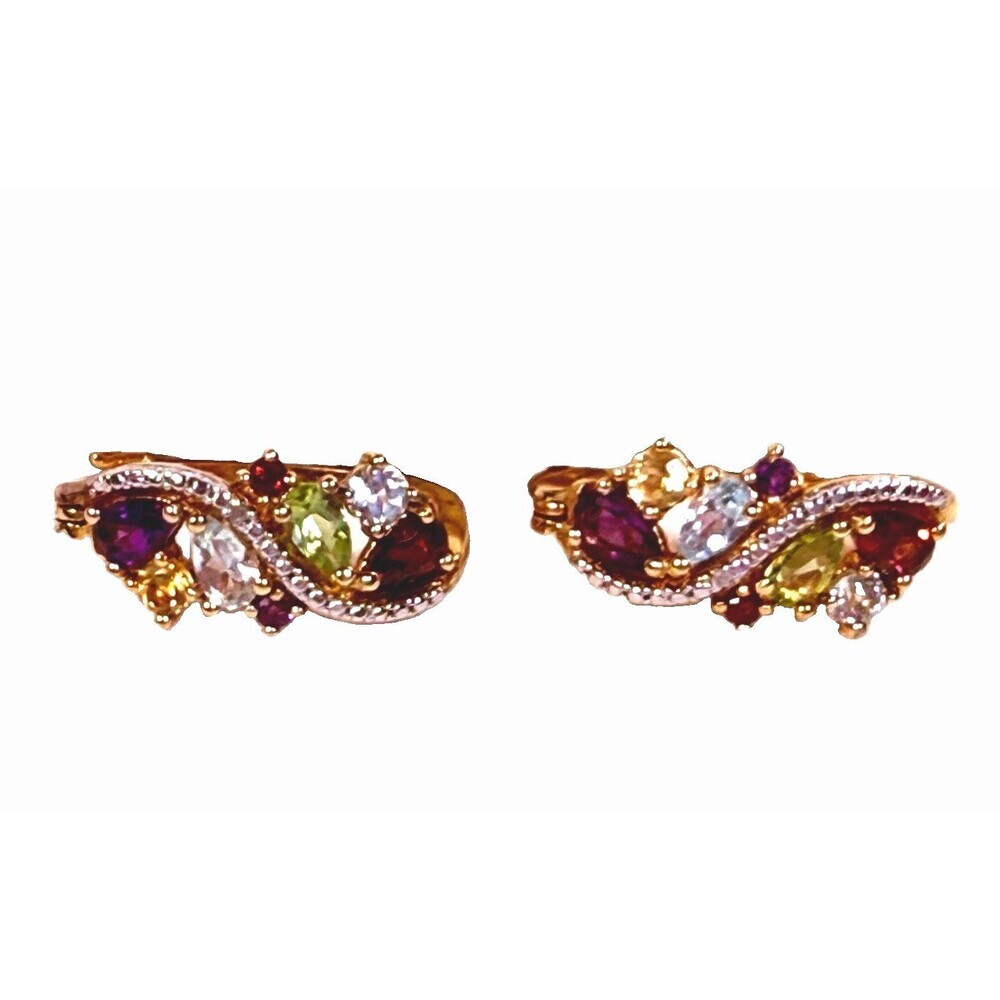 PAJ 925 Sterling Silver 18K GP Multi-Gemstone S-Curve Huggie Hoop Earrings 5.36g